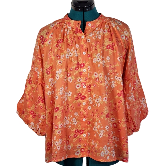 Olivia James The Label Orange Floral Emory Puff Sleeve Blouse Sz Small Like New - Picture 2 of 11